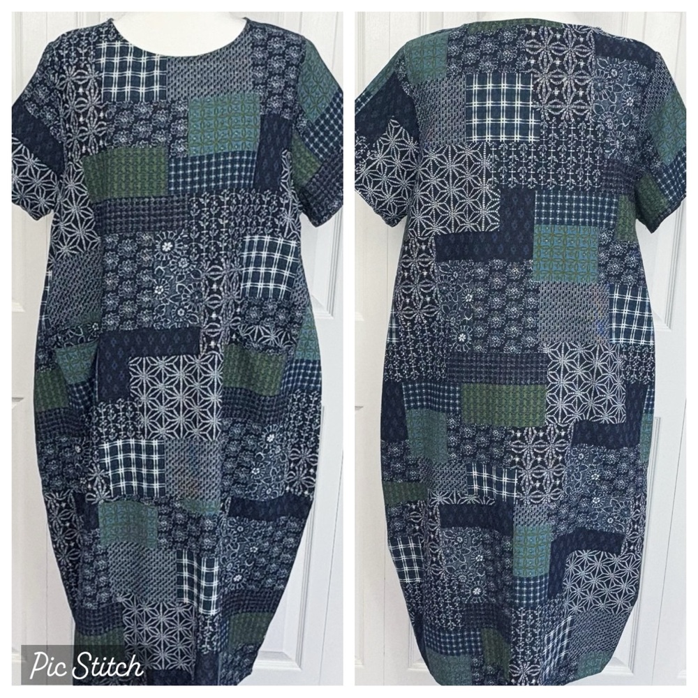 Navy Blue & Green Mixed Print Patchwork Linen Short Sleeve Shift Dress XL